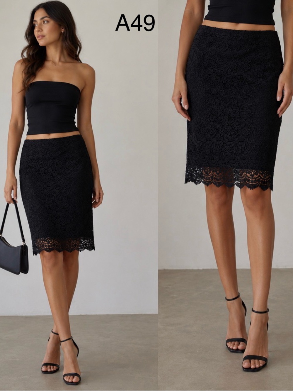 Uniqlo Elegant Black Lace Pencil Skirt with Scalloped Hem, Size Small